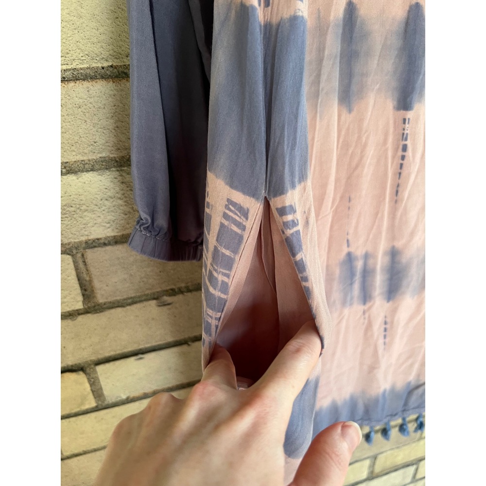 Hyena Tie Dye Tassel Trim Long Sleeve Dress Blue Tan Beachy Size Medium - Picture 4 of 5
